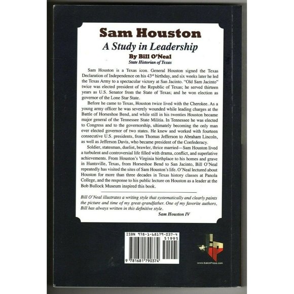 Sam Houston A Study in Leadership, Autographed by Bill O'Neal Texas Historian - Picture 2 of 2
